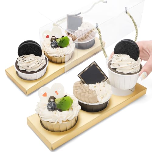 Coloch 24 Pack Gold Clear Cupcake Box with Handle, 9 x 3 x 3 In 3 Count Plastic Cupcake Container Baked Dessert Box, for Cupcake, Dessert, Muffins, Party, Wedding