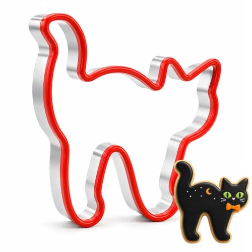 Cat Halloween Cookie Cutter, Stainless Steel Baking Mold | Cat-shaped cutter with silicone top edge for cookies, fondant, pastry, sandwiches and Halloween baking - color: Red
