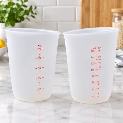 Hedume Set of 4 Silicone Flexible Measuring Cups with Marking, 2 Pack 8 Ounces(1-cup) and 2 Pack 16 Ounces(2-cup) Squeeze and Pour Silicone Measuring Cup Set