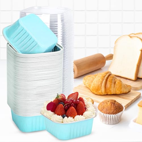 100Pack 5oz Blue Mini Cake Pans with Lids Baking Cups Aluminum Foil Pans Tins, Individual Dessert Cups Containers for Sales,Party,Picnics - color: Blue