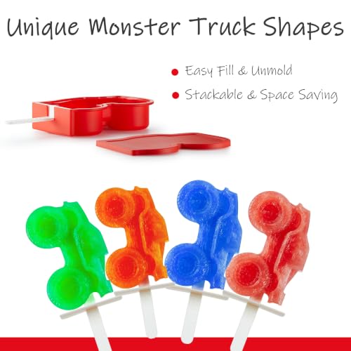ACOOKEE Monster Truck Popsicle Molds Set of 4 (Ice Pop Mold+Sticks+Lids+Drip Guards) for Homemade Freezer Ice Pops & Frozen Snacks, Stocking Stuffers for Boys & Girls