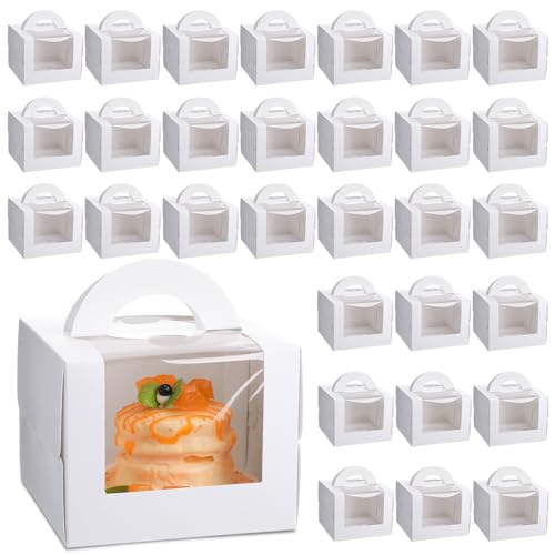 32 Pcs 6x6x5 Mini Bento Cake Container Bulk with Handle and Window