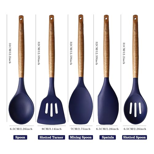 Non-Stick Silicone Kitchen Utensils Set with Natural Acacia Hard Wood Handle, 5 Piece, Midnight Blue, BPA Free, Baking & Serving Silicone Cooking Utensils - color: Midnight Blue