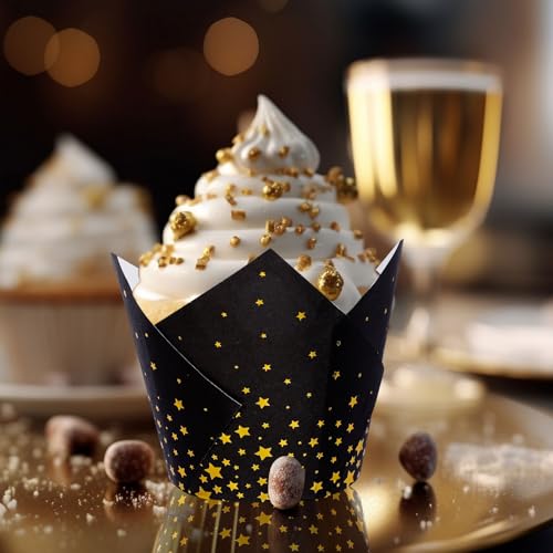 FYSUIMU 200Pcs Graduation Black Gold Star Tulip Cupcake Liners Foil Gold Star Muffin Baking Cups Cupcake Wrappers for Congrats Grad Holiday Birthday Party Supplies