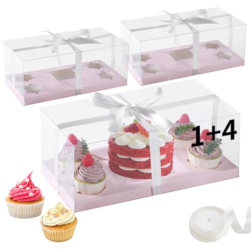 JCD 3Pcs Pink 1+4 Bento Box with Clear Window Bento Cake Boxes Combo Fit 4 Cupcake and 1 Mini Cake for Valentine Wedding Birthday Party Bakery Supplies(Pink 1+4/3Pcs) - size: Pink 1+4/3Pcs