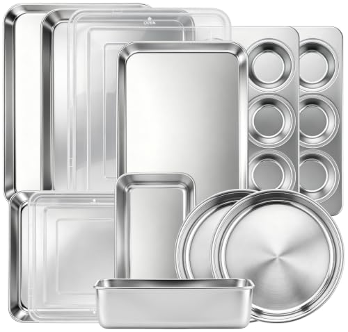 Leonyo Non-Toxic Stainless Steel Bakeware Baking Sheet Set of 10 with Lid