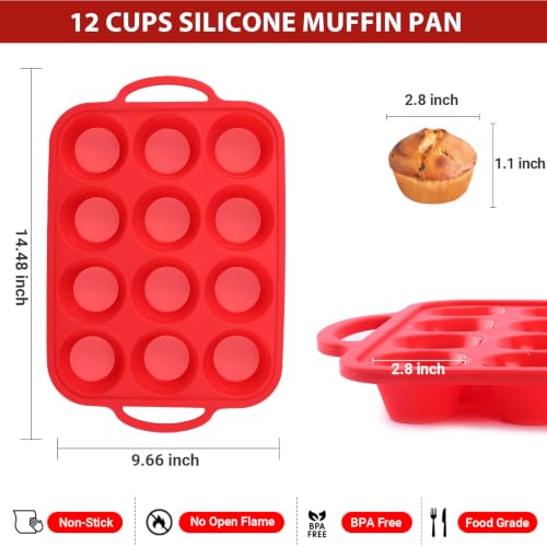 Redfly Silicone Muffin Pans for Baking 12-Cup Regular Size Cupcake Pan 2PCS - color: Red, size: Regular Size-2PACK