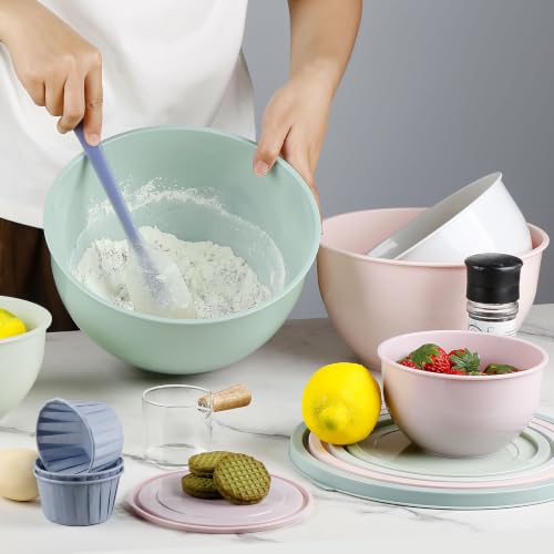 Greentainer Plastic Mixing Bowls with Lids Set for Kitchen, 5 Set Nesting Bowls for Mixing, Baking, Prepping, Cooking and Serving Food, Mixing Bowls Dishwasher, Microwave Safe - color: Pink