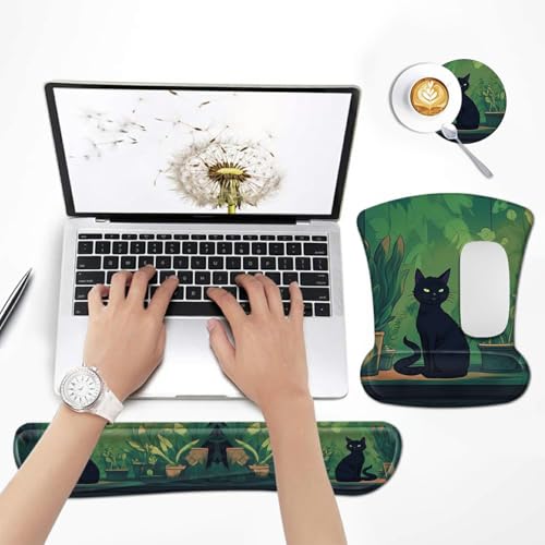 3Pcs Ergonomic Memory Foam Keyboard Wrist Rest Pad Set, Black Cat Leaf - color: Black Cat Leaf