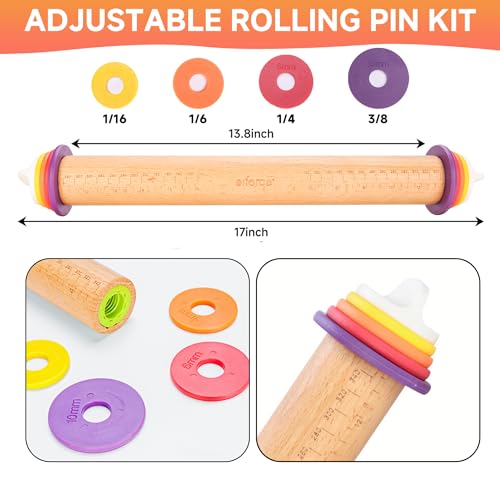 13.6" Adjustable Wooden Rolling Pin with 4 Multicolored Thickness Rings