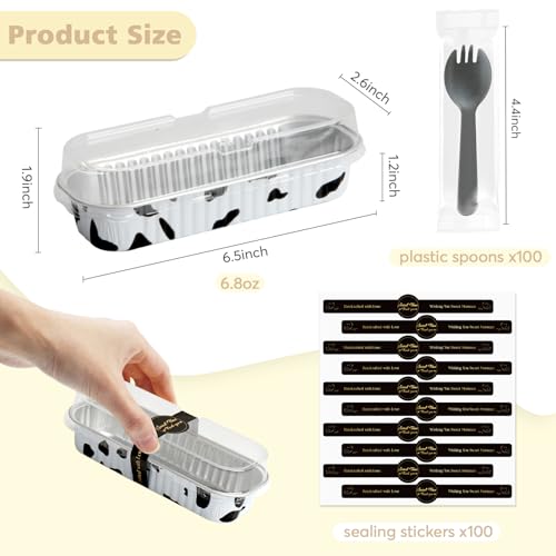 100 Pack Mini Loaf Pans with Lids and Spoon,6.8oz Cow Print Small Loaf Pans - color: Cow Print