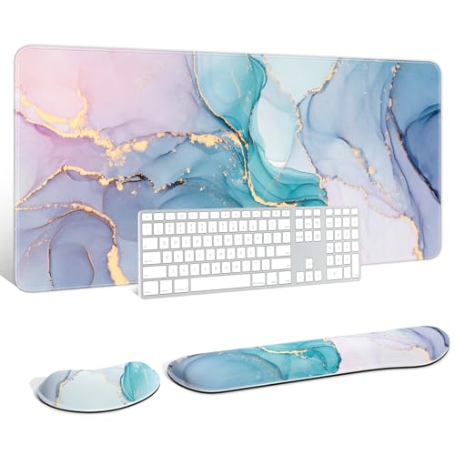Large Mouse Pad with Wrist Rests for Keyboard & Mouse, Thick Soft Ergonomic Memory Foam Wrist Supports, Big & Long Desk Mat 35.5 x 15.7 in, for Office Gaming Computer, Blue Pink Marble - color: Ink Teal Blue Pink Marble