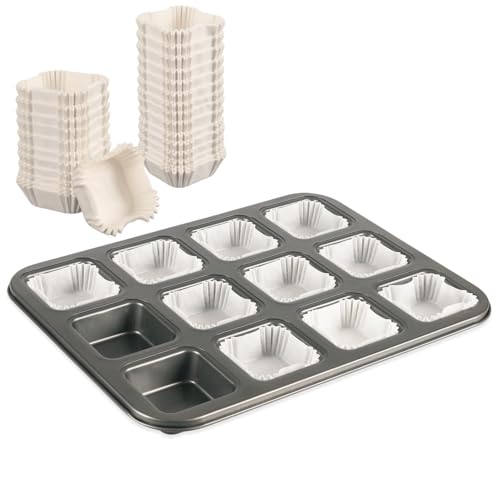 12 Cavity Brownie Pan with Dividers, Non Stick Square Carbon Steel Muffin Baking Bakeware with 300 PCS Parchment Liners, Dark Gray - size: 13.7x10.04x1inch