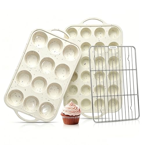 Silicone Muffin Pan Set, 12-Cup Muffin Tin and 24-Cup Mini Muffin Pan with Integrated Steel Frame, 304 Stainless Steel Cooling Rack, Nonstick Cupcake & Egg Bites Baking Set
