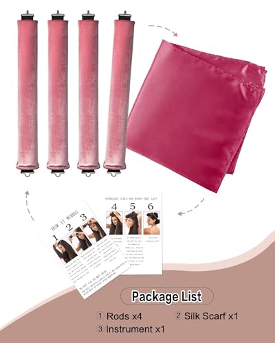 Seritant Heatless Curls Overnight with Satin Head Scarf, Velvet Hair Rollers for Blowout Look, No Heat Curling Rod for Long Thick Hair, Soft Sleep In Flexi Rods - color: Rose