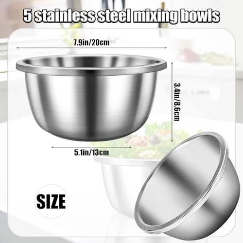 Mixing Bowls, 5 Pack Stainless Steel Mixing Bowls Kitchen Mixing Bowl Stainless Steel Bowls For Meal Prep, Serving, Baking, 7.9 Inch