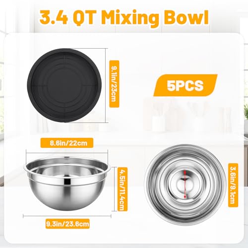 Beasea Mixing Bowls Set of 5, 3.4 QT Unbreakable Stainless Steel Mixing Bowls with Lids for Kitchen, Prepping, Food Serving, Storing, Nesting Metal Baking Bowl with Lid for Bread Dough, Cream, Batter - size: 3.4 QT