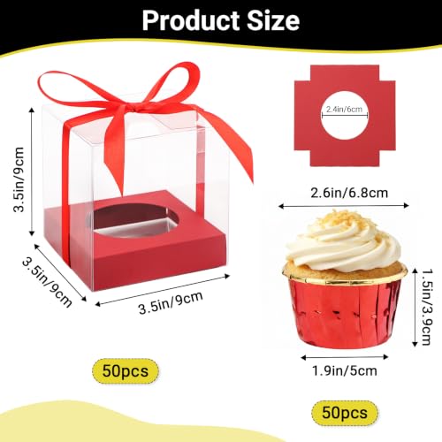 EUSOAR Cupcakes Boxes with Cupcake Cups, 50pcs 3.5 Inch Clear Cupcakes Holder and 50pcs 3.5oz Cupcakes Wrappers, Single Disposable Dessert Pastry Cupcakes Wrappers for Wedding Party Favor Bakery - color: Red