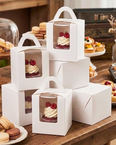 qiqee 100Pcs Auto Pop-up Cupcake Boxes Individual Cupcake Holders Disposable White Single Cupcake Boxes with Window 3.7"x3.7"x4.5" Cupcake Containers - color: White, size: 100Pcs, One Holder