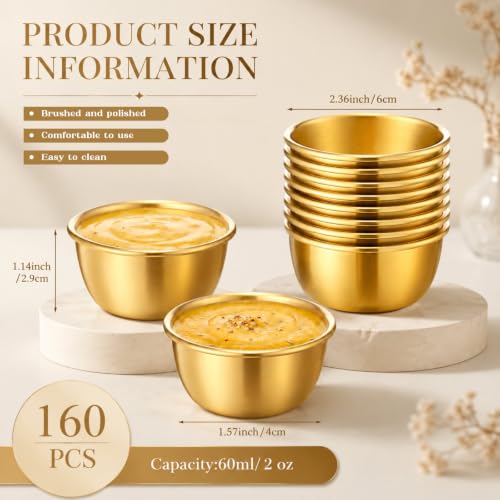 160 Pcs Gold Ramekin 304 Stainless Steel Sauce Cup, 2.36 x 1.57 x 1.14 Inch - size: 2.36 x 1.57 x 1.14 Inch