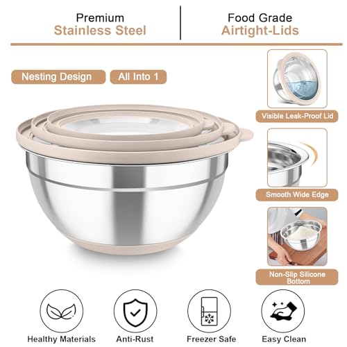 TeamFar Mixing Bowls with Colander, Stainless Steel Salad Bowls, Khaki - color: Khaki
