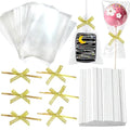 100 Sets Clear Rice Crispy Treat Bags 4x6in with Sticks and Ties Gold Bow