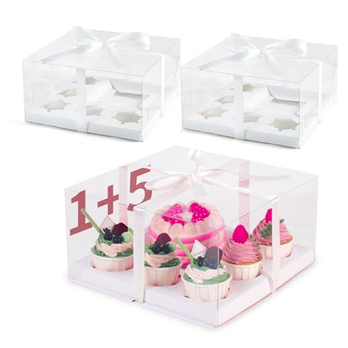 JCD 3 Packs Cake Cupcakes Combo Box 1+5 Cupcake Containers with Gift Ribbon Bento Clear Boxes (5 Cupcakes with Cake)(1+5/3Pcs) - size: Clear 1+5/3Pcs