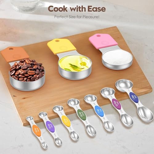Magnetic Measuring Cups and Spoons Set, N52 Magnetic Nesting Design magnetic spoons, 304 Stainless Steel measuring cups, Dual-sided Design Set of 15 with Leveler for Dry & Liquid Ingredients - color: colorful