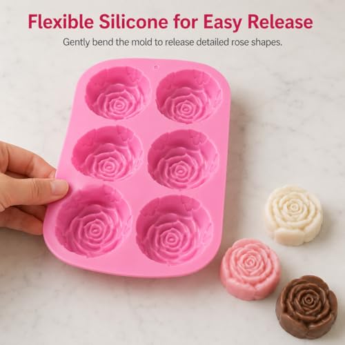 2 Pack Rose Silicone Molds, 6-Cavity Flower Soap Molds for Chocolate, Candy, Cake, Jelly, Pudding, Ice Cubes, Lotion Bars, Candles & Bath Bombs, Pink