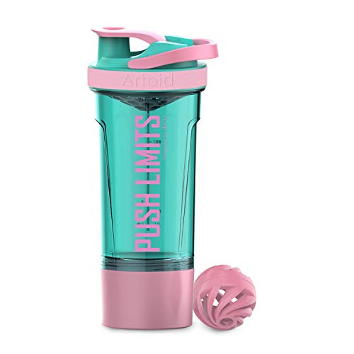 Artoid Mode Fitness Workout Sports Protein Shaker Bottle 24-Ounce, Dual Mixing Technology with Shaker Balls & Mixing Grids Included, Twist and Lock Protein Box Storage Included - color: Cream Pink/Aqua Green