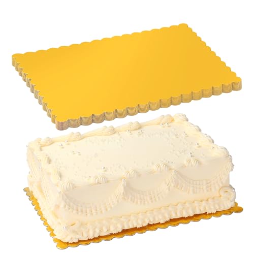 10 Pack 14x10 Gold Cake Board Sheets Rectangle Decorating Wavy Cardboard Grease Proof Foil Base Stand Disposable Plates for Desserts Pastries Display - color: Gold