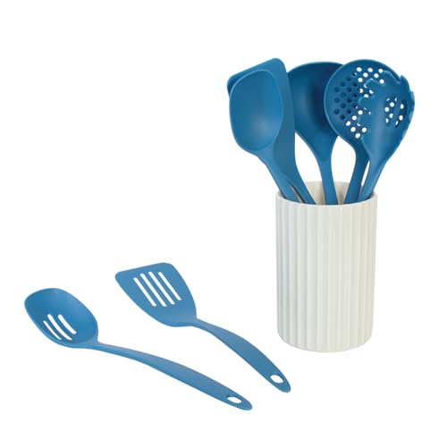 Glad Kitchen Utensils Set, 8pcs - Nonstick Cooking Tools with Utensil Holder - Nylon Spoon, Ladle, Skimmer, Spaghetti Server, and Turner Spatula Set - Dishwasher Safe, Blue - color: Blue, size: 8-piece Set
