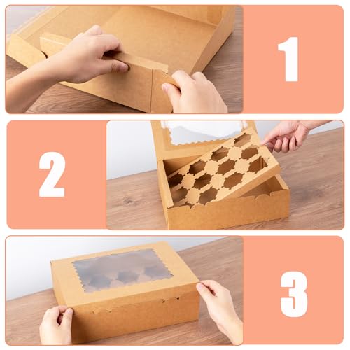 12 Count Cupcake Boxes, 4PCS Cupcake Container with Window and Inserts - color: Brown