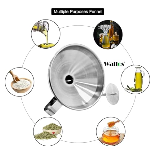 Stainless Steel Funnel, Walfos 3 Pack Kitchen Funnel with 2 Removable Strainer ＆ 1Pcs Cleaning Brush, Perfect for Transferring of Liquid, Oils, Jam, Dry Ingredients & Powder - color: 3pcs 5.7in+4.9in+4.1in Stainless Steel