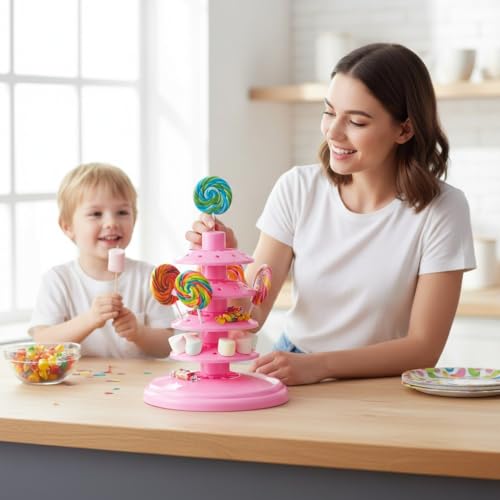 48-Hole Adjustable 4-Tier Cake Pop Stand & Lollipop Display Holder, Pink Plastic Drying Tower for Wedding Birthday Party Supplies, Candy Cotton Candy Stand Holder