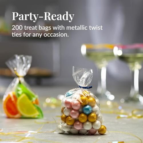 Prestee 200 Pack Clear Cellophane Bags for Favors - Transparent Goodie Bags for Birthday Party, 6x10 Inch Clear Bag with 4-Inch Twist Ties - Candy, Treat, Cookie Bag for Gift Giving - style: Twist Ties