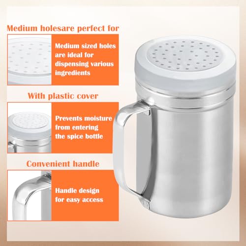 2Pcs Metal Salt Pepper Dredge Shakers, Stainless Steel Pepper Shaker Seasoning Jar With Handle, With Hole And Cover, Suitable For Pepper, Cinnamon And Coffee Spice Jars (Large-14OZ) - size: Large-14OZ