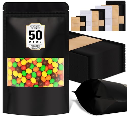 JETMORE 50 Pack Resealable Treat Bags, Cookie Bags with Seal, 5.5x7.9in - color: Black, size: 5.5x7.9in (14x20cm)