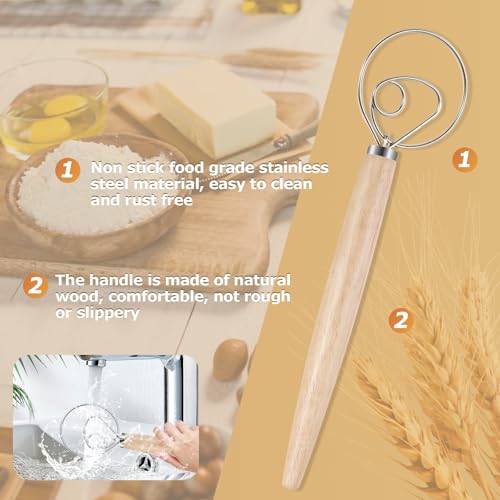 Sourdough Danish Dough Whisk Sour Dough Whisking Tool，13inch Wooden With Stainless Steel Durable，Flat Dutch Sourdough Bread Baking Supplies，Easy Seamless Wisking Sour Dough Mixing Tool(Double loop)
