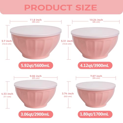 BoxedHome Mixing Bowls with Lids Set, 8 pieces Large 0.2” Thick Plastic Nesting Mixing Bowl, Microwave Safe,Size 5.92, 4.12,3.06,1.80 Quart, Pink - color: 8 PK Pink