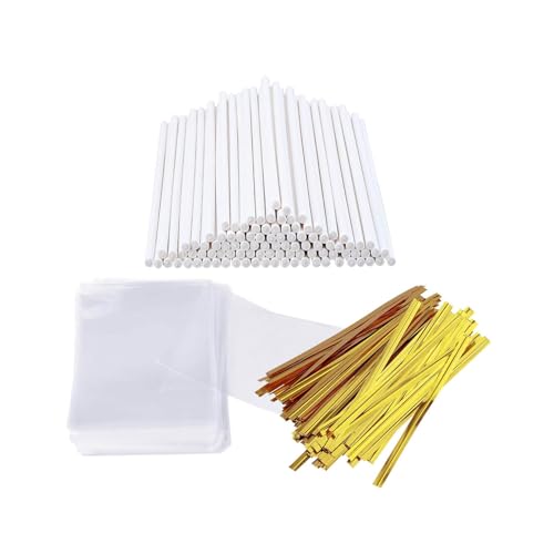300PCS Food Grade Pulp White Confectionery Packaging Bags Set Includes Sticks Bag Twist Ties Kitchenware Baking Supplies Suitable for Oven