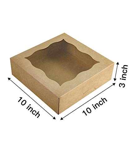 CHERRY 15-Pack 10"x10"x3"Brown Bakery Boxes with PVC Window for Pie and Cookies Boxes Large Natural Kraft Paper Box 10x10x3inch (Brown, 15)