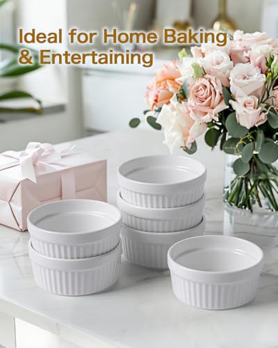 7 oz Ramekins Set of 6, Oven Safe Porcelain Ramekin Bowls for Creme Brulee, Souffle & Custard, Dessert Cups & Dipping Sauce Dishes, Stackable, Soft White - size: 7 oz