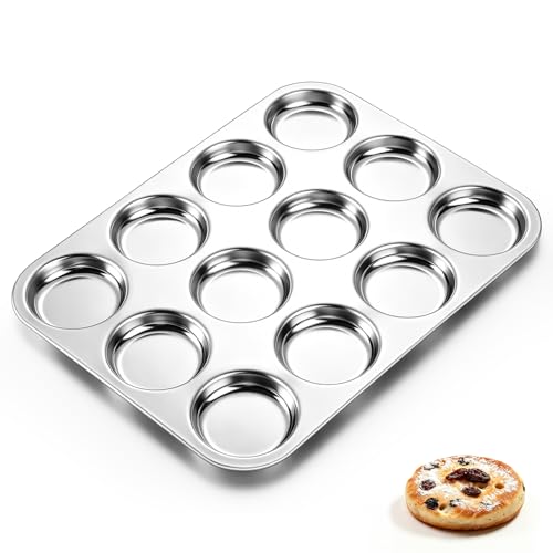 TeamFar Muffin Top Pan, 12 Cavity Stainless Steel Shallow Cupcake Pan - size: 12 Cups