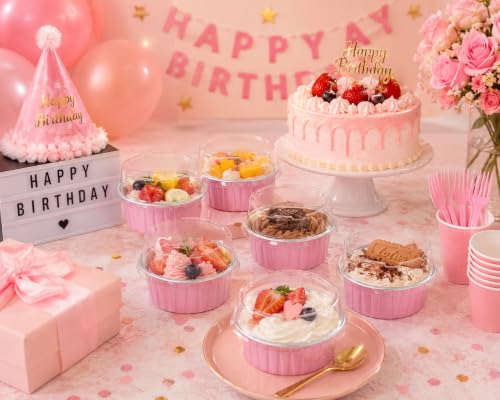 30 Pack Mini Round Aluminum Foil Cake Pans with Lids and Spoons, Food Grade Disposable Baking Cups Ramekins, Oven Air Fryer Freezer Safe for Wedding Favors Mother's Day Party (Pink (Round)) - color: Pink (Round)