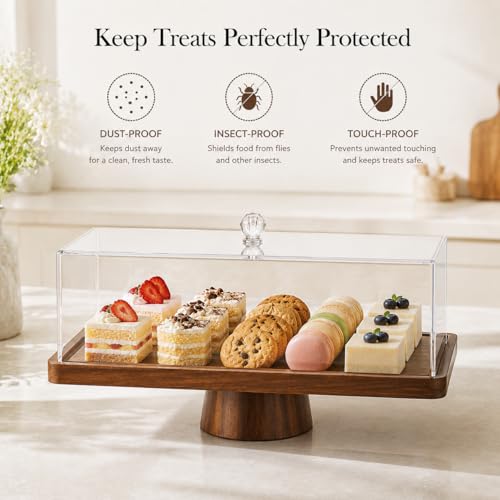 Acacia Wood Cake Stand with Acrylic Lid,2-in-1 Serving Tray,Dessert Display