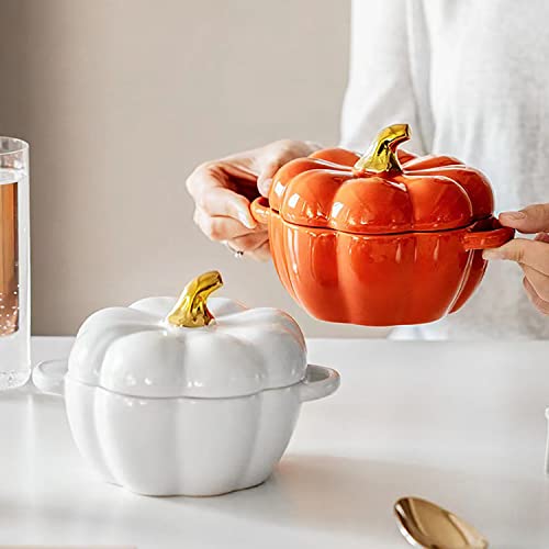 Pumpkin Bowl Set with Lid and Handle, 14 Oz Ceramic Ramekins for Baking, Casserole Dish Individual Severing Pot, Stoneware, Oven Safe (Orange) - color: Orange