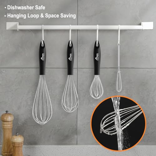 HOTEC 4Pcs Silicone Whisk Set, Wire Balloon Whisks for Cooking Egg Beater - color: 4pcs: Silver 6.7"+9.3"+10.4"+12"