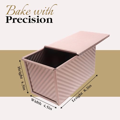 Pullman Loaf Pan with Lid, 1 lb Dough Capacity Non-Stick Bread Pan for Baking Bread, Carbon Steel Corrugated Bread Toast Box Mold with Cover for Baking Bread, Gold
