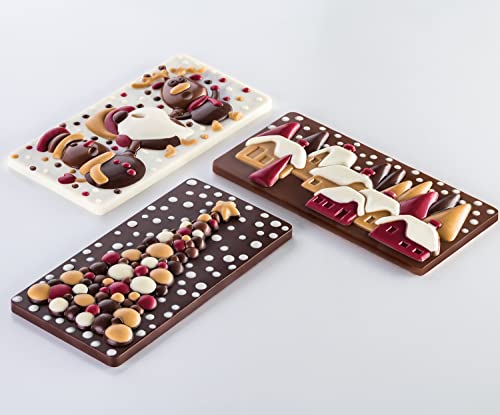 Pavoni PC5038 Polycarbonate Chocolate-Bar Mold with Three Xmas-Village Cavities, Each 77mm x 154mm x 10mm High - color: Xmas Village